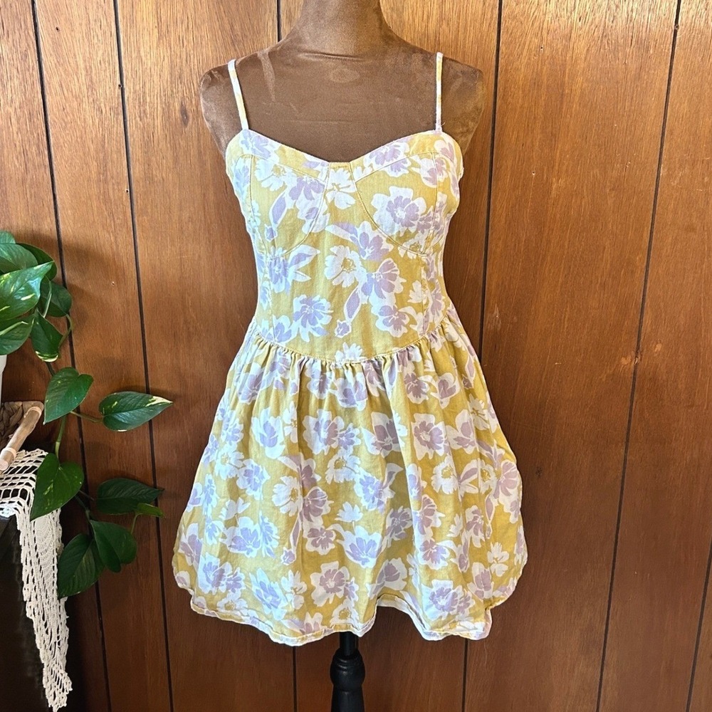 American Eagle Yellow Floral Corset Mini Dress with Pockets Feminine Whimsical‎
